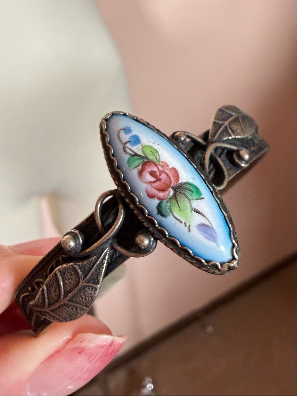Vintage Russian Rostov Finift Hand Painted silver cuff bracelet Victorian Boho - Picture 3 of 16